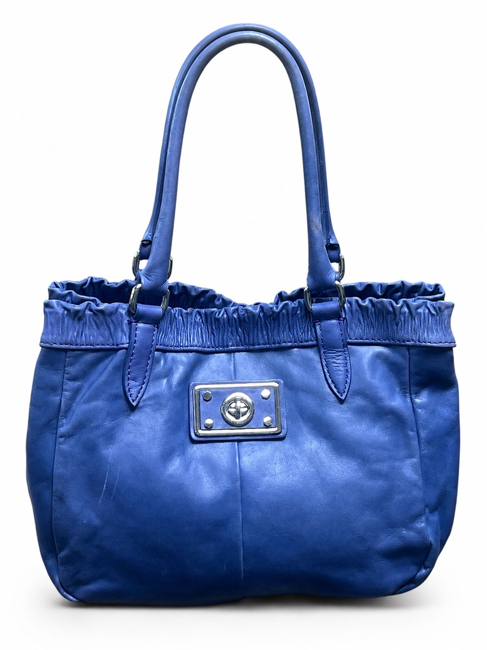 Kate Landry Blue Leather Shoulder Tote Bag Satchel Purse Multi Striped Lining